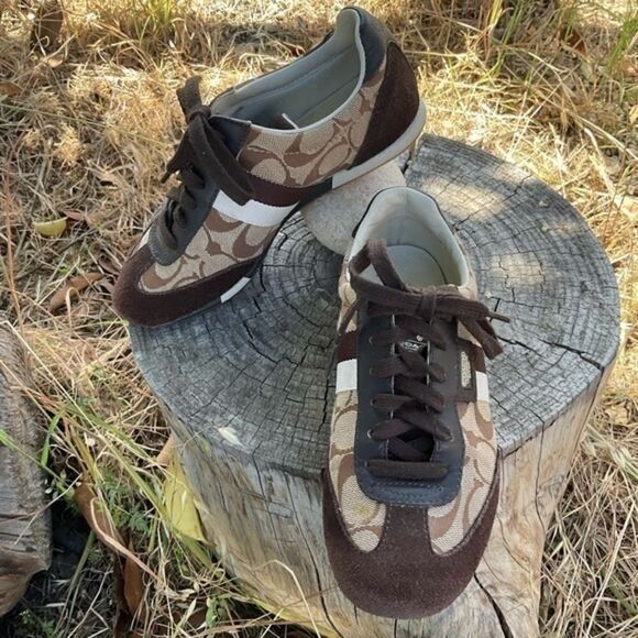 Coach Brown Suede Signature Canvas Lace Up Sneakers 5 - Picture 1 of 10
